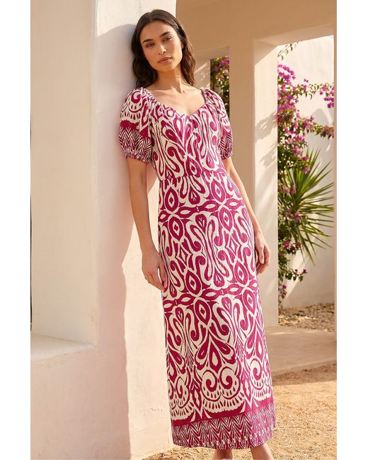 Roman Pink Abstract Print Sweetheart Neck Midi Dress