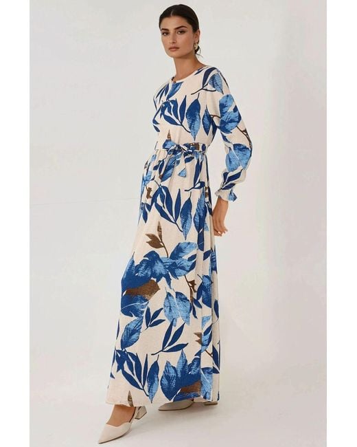 Hiccup Blue Floral Print Crew Neck Long Sleeve Maxi Dress