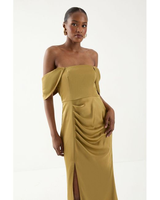 MissPap Metallic Bardot Ruched Satin Bridesmaid Dress