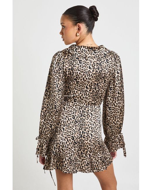 Boohoo Natural Print Ruffle Wrap Mini Dress