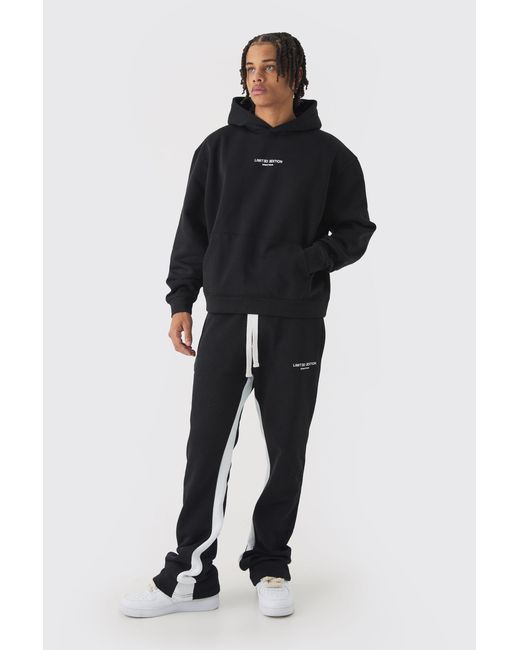 BoohooMAN Black Oversized Boxy Limited Edition Extended Drawcords Hooded Tracksuit for men