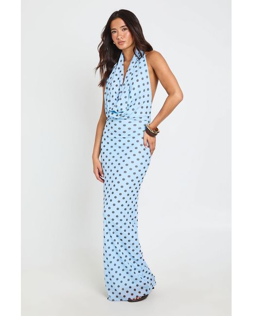 Boohoo Blue Tonal Polka Dot Deep Cowl Maxi Dress