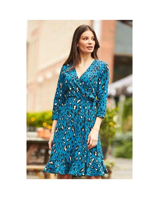 Sosandar Blue Leopard Print Ruffle Hem Wrap Dress