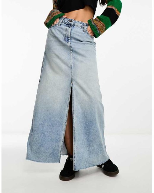 Collusion Blue A-line Long Maxi Denim Skirt With Split Front