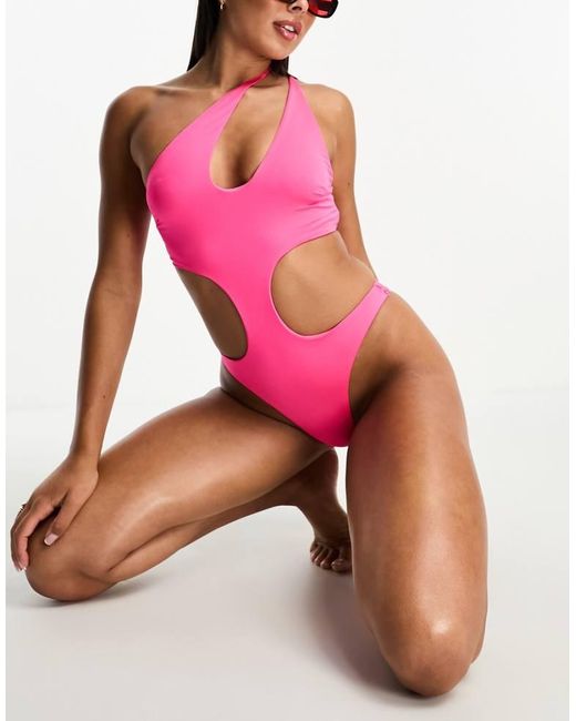 ASOS Pink One Shoulder Asymmetric Cut Out Swimsuit