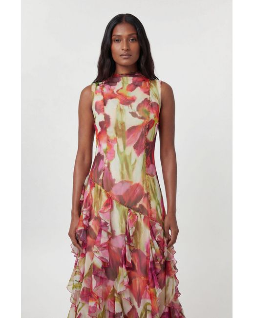 Karen Millen Red Crinkle Print Beaded High Neck Maxi Dress