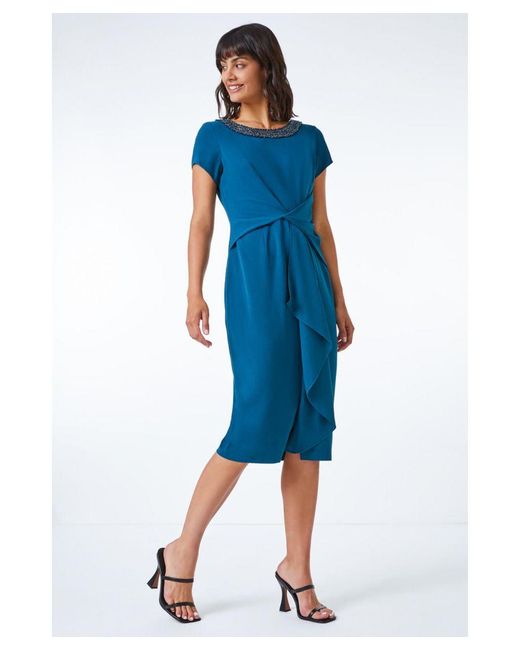 Roman Blue Embellished Twist Waist Stretch Ruched Dress
