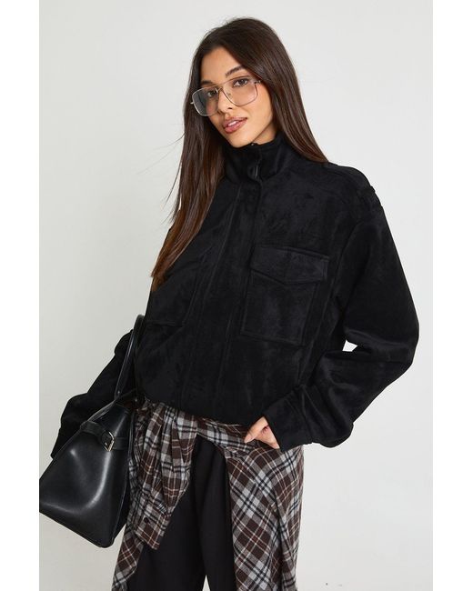 Boohoo Black Funnel Neck Suede Pocket Detail Jacket