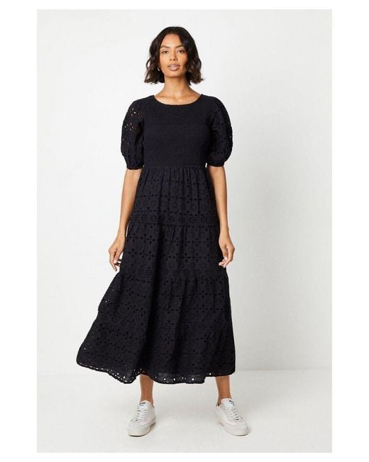 Dorothy Perkins Black Broderie Shirred Bodice Tiered Midi Dress