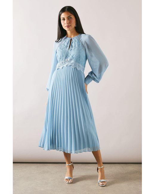 Wallis Blue Occasion Lace Insert Pleated Midi Dress