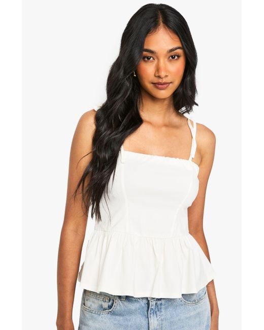 Boohoo White Tie Shoulder Peplum Top