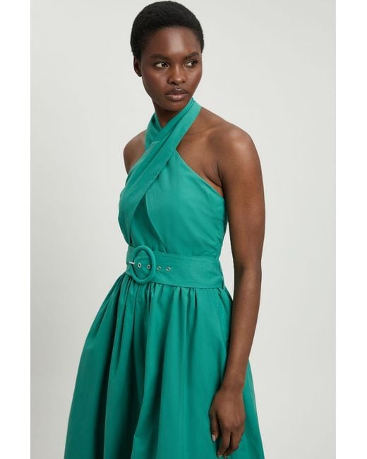 Karen Millen Green Cotton Poplin Cross Over Halter Neck Woven Midi Dress