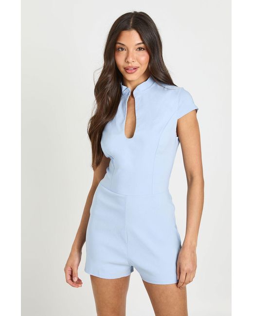 Boohoo Blue Keyhole Detail High Neck Playsuit