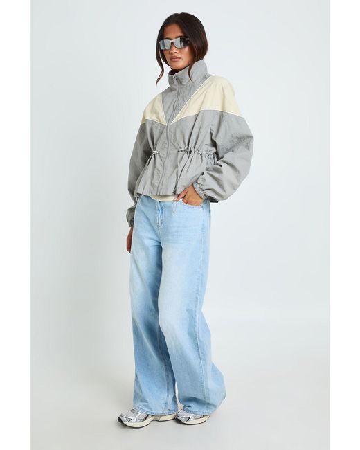 Boohoo Blue Cinched Waist Panelled Funnel Neck Jacket