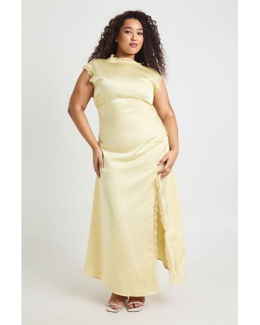 Boohoo Yellow Plus Satin High Neck Maxi Dress With Lace Trim