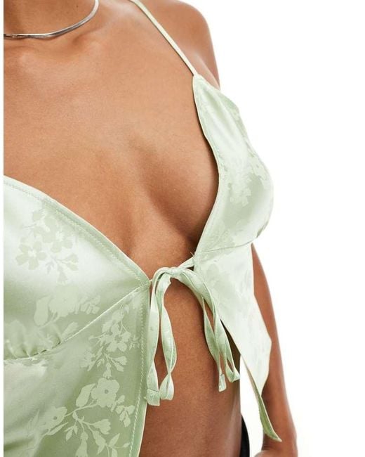 Miss Selfridge Blue Satin Jacquard Tie Front Cami Top