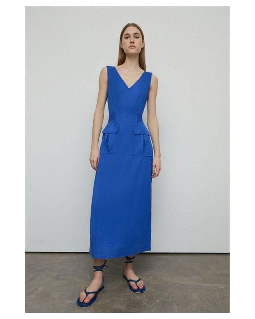 Warehouse Blue Pique Utility Tie Waist Dress Viscose