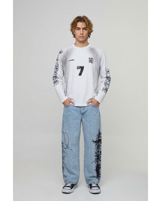 BoohooMAN Blue Gothic Graphic Embroidered Baggy Fit Jeans for men