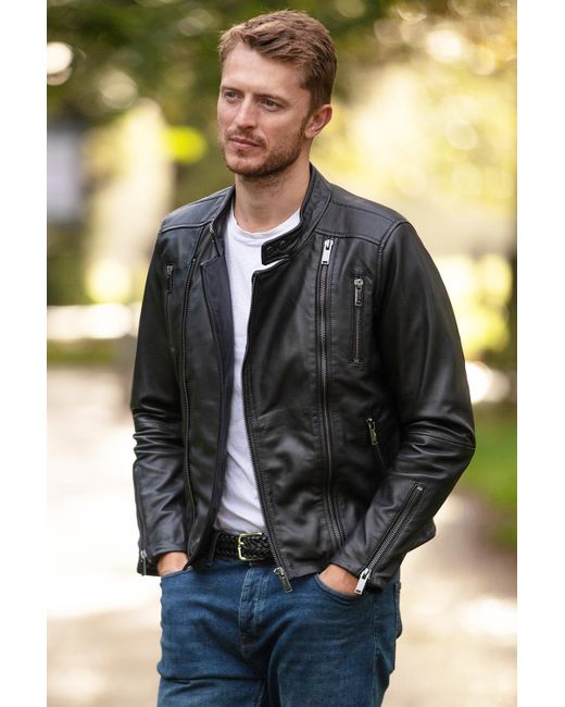 Ashwood Leather Black 'Rocco' Dual Cross Zip Stylish Biker Jacket for men