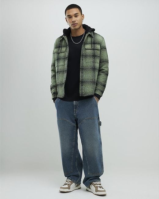 River Island Green Overshirt Regular Fit Borg Check Hooded Cotton for men