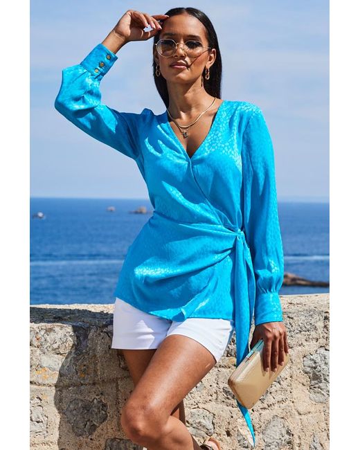 Sosandar Blue Aqua Satin Jacquard Longline Wrap Top