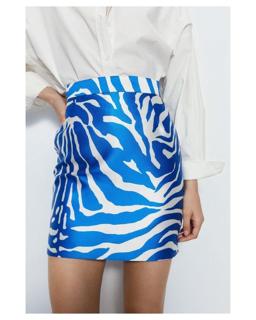 Warehouse Blue Premium Printed Satin Twill Mini Skirt