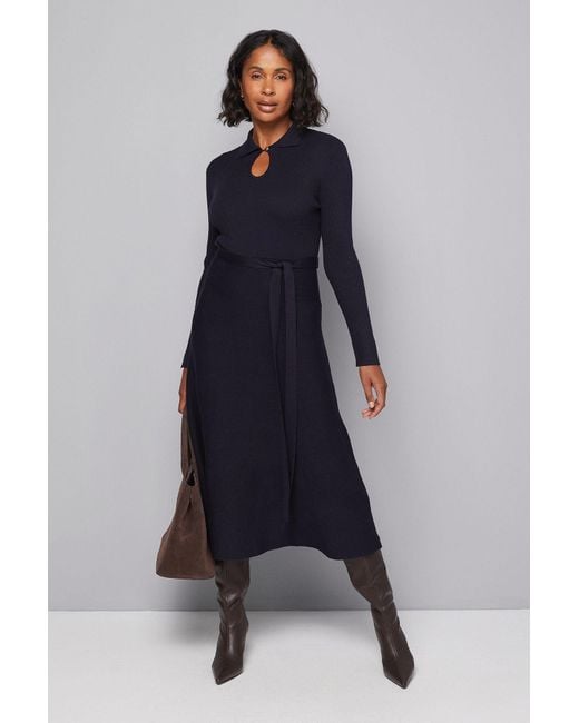 Wallis Blue Keyhole Collared Belted Knitted Midi Dress
