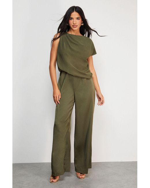 Warehouse Green Satin Chiffon Mix One Shoulder Drape Jumpsuit