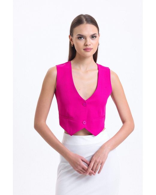 Hiccup Pink V Neck Buttoned Cropped Waistcoat