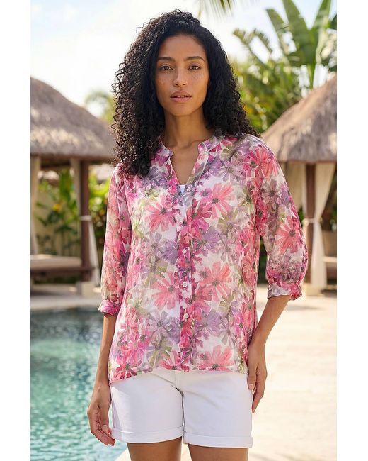 Roman Blue Floral Print V-Neck Blouse