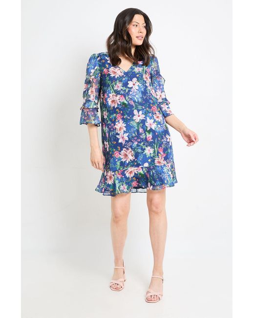 Wallis Blue Floral Print Ruffle Shift Dress
