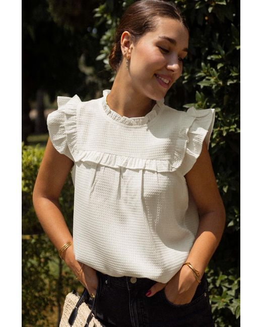 Everyday the Label Natural Waffle-Knit Ruffle Top Model