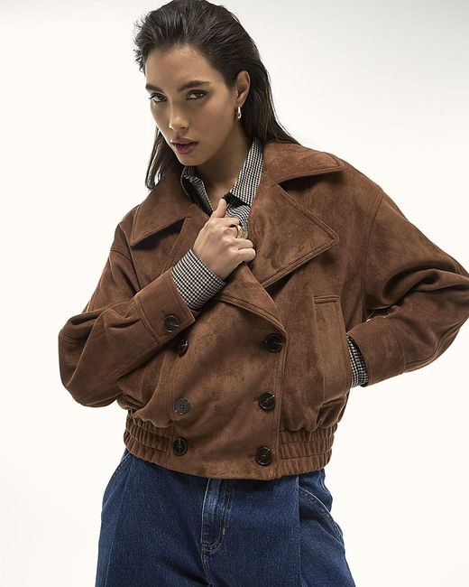 River Island Brown Bomber Jacket Faux Suede Dropped Pu