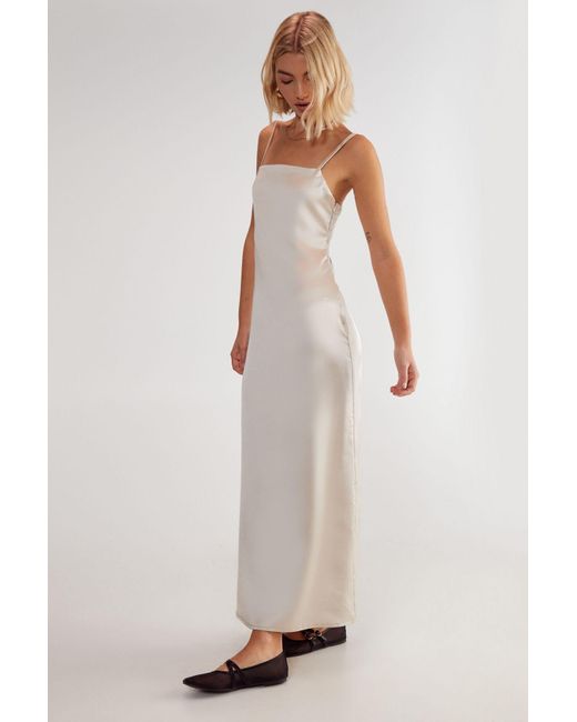 Nasty Gal White Satin Square Neck Maxi Slip Dress