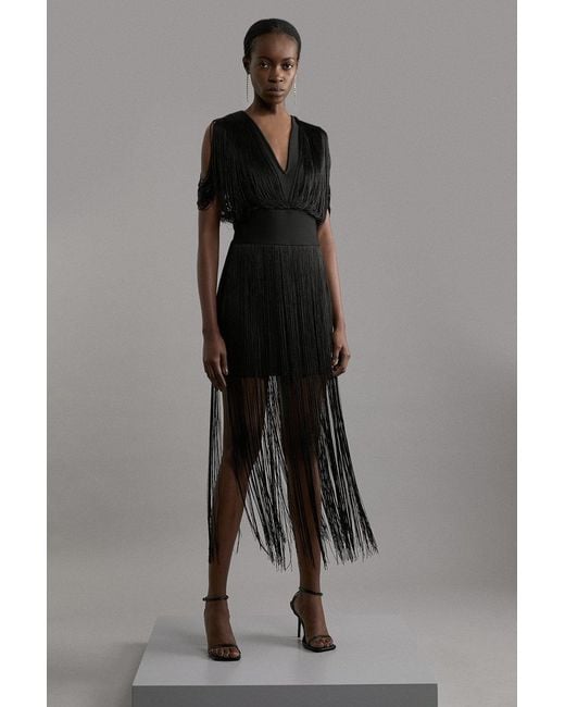 Karen Millen Gray Figure Form Bandage Knit Fringe Detail Dress