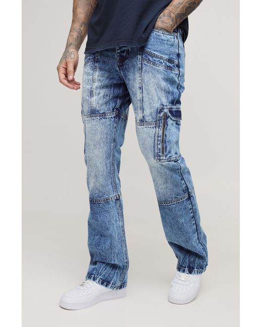 BoohooMAN Blue Tall Acid Wash Panel Cargo Flared Jeans for men
