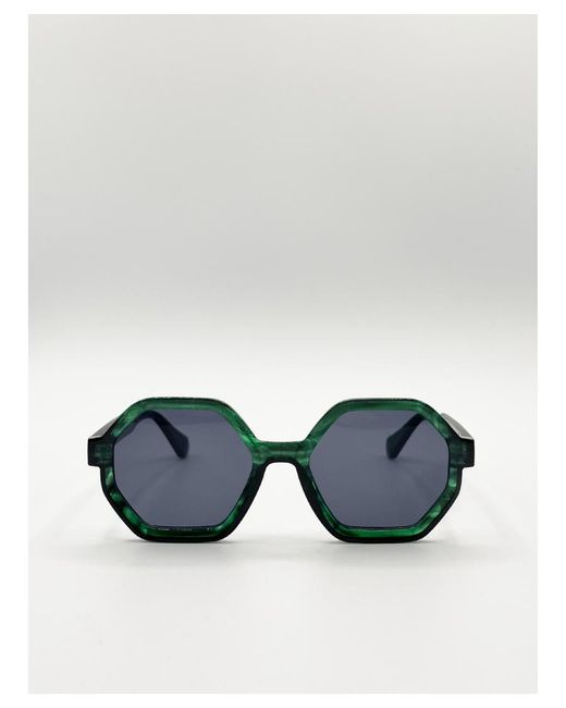 SVNX Blue Square Plastic Frame Marble Effect Sunglasses