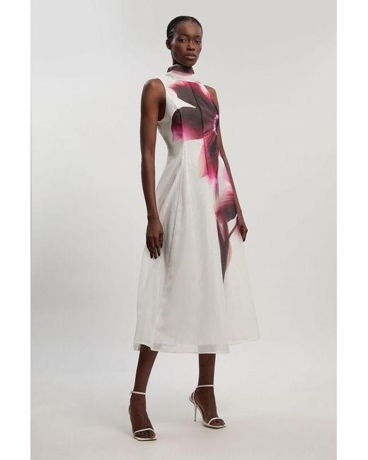 Karen Millen Pink Petite Photographic Floral Organza Scarf Detail Woven Maxi Dress