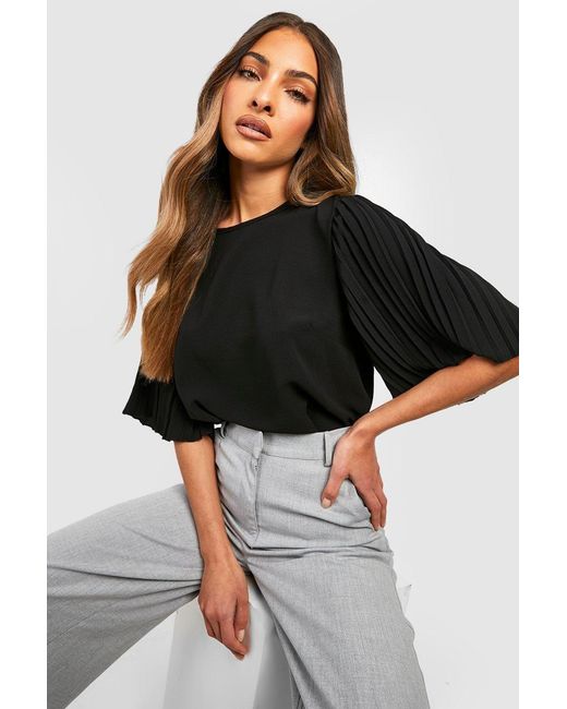 Boohoo Black Pleat Sleeve Woven Blouse