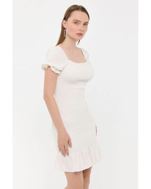 Hiccup White Ribbed Ruffled Square Neck Mini Dress With Balloon Sleeves