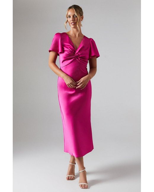 Oasis Pink Satin Twist Front Angel Sleeve Midi Bridesmaids Dress