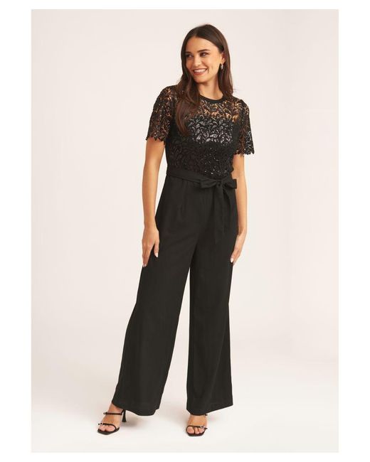 Gini London Black Floral Lace Sequin Belted Occasion