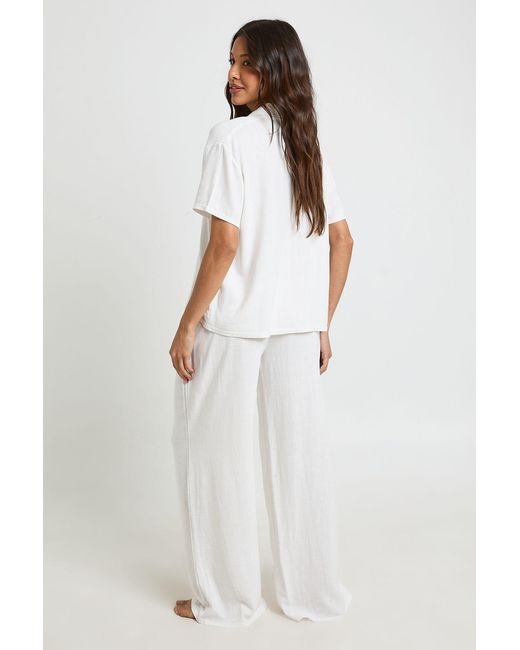 Boohoo White Linen Look Beach Wide Leg Trousers