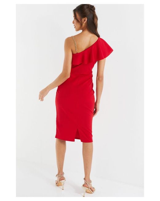 Quiz Red One Shoulder Frill Midi Dress