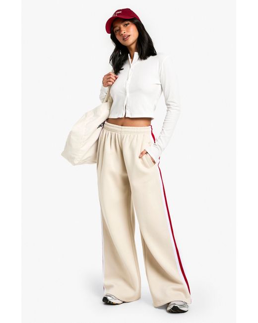 Boohoo Natural Petite Side Stripe Tape Wide Leg Joggers