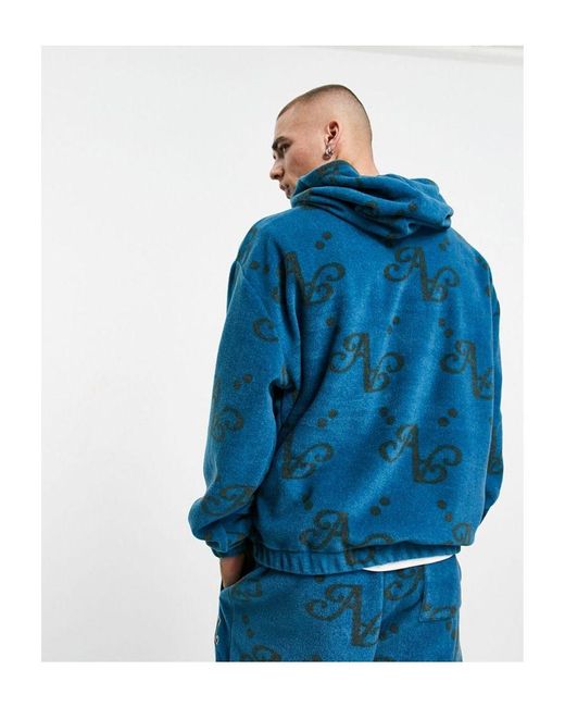 ASOS Blue Actual Co-ord Oversized Polar Fleece Hoodie With All Over Print And Applique Logo for men