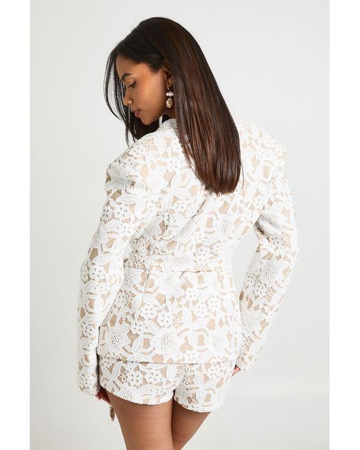 Boohoo White Lace Tie Waist Collarless Blazer