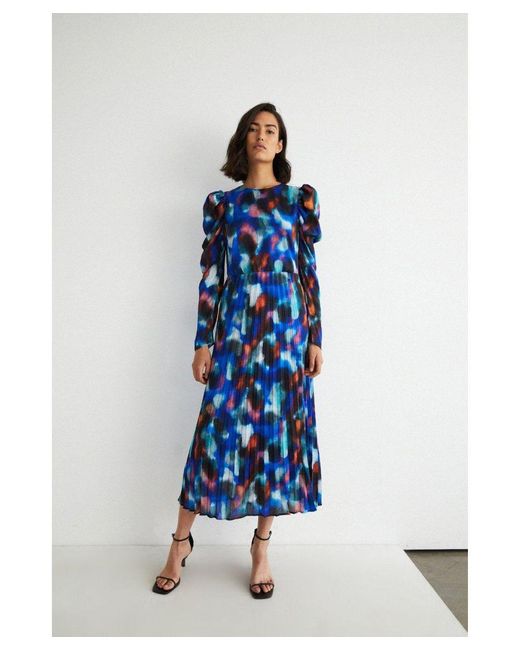 Warehouse Blue Abstract Pleated Puff Sleeve Maxi Dress