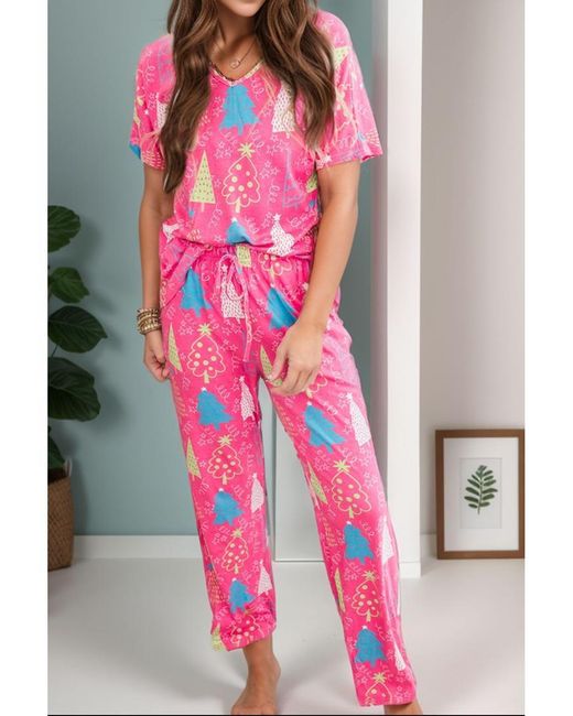 Everyday the Label Dames Geprinte V-hals Korte Mouwen Top En Broek Lounge Set in het Pink