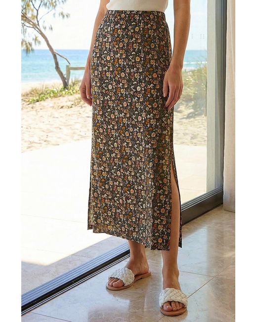 Roman Brown Ditsy Floral Stretch Maxi Skirt